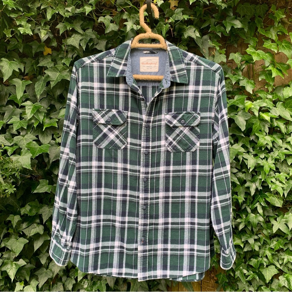 Weatherproof Vintage Green Flannel Plaid LongSleeve Buttondown Mens Shirt XL GUC